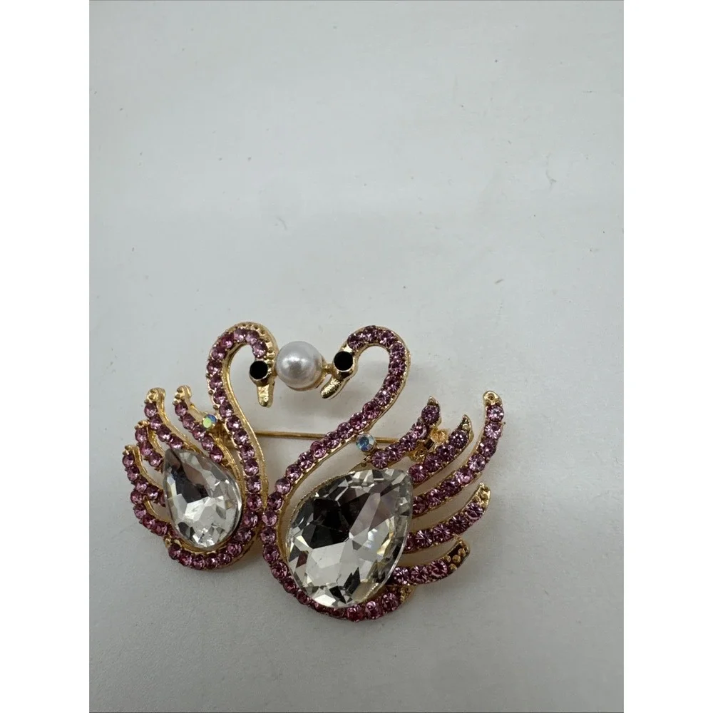Pin Pair Of Swans Pink & Clear Crystal Faux Pearl Black Bead Gold Tone Brooch